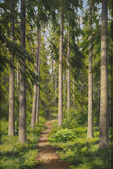 johan krouthen Sunlit forest path France oil painting art